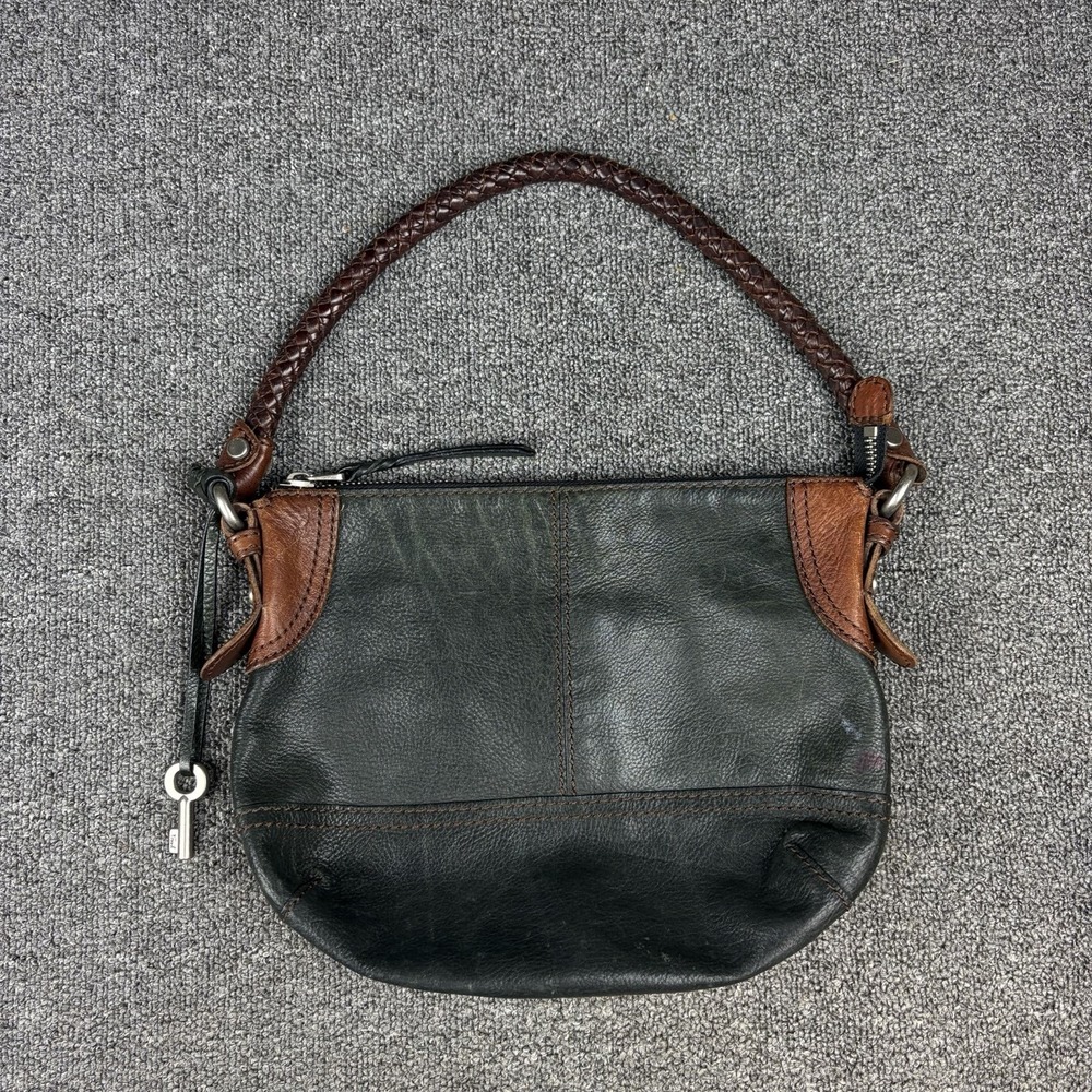 Fossil Black Brown Leather Hobo Shoulder Bag Braided Strap Key Charm